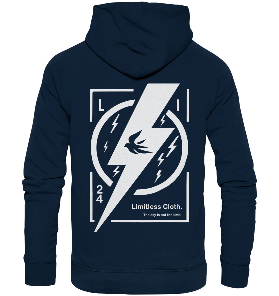 Navy hoodie with lightning bolt design and "Limitless Cloth" text on the back, showcasing a stylish, casual look.