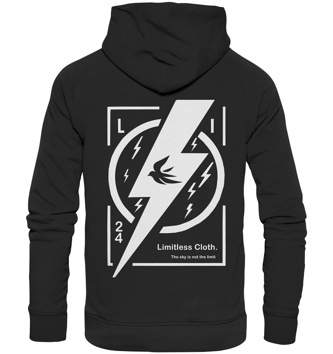 Black hoodie featuring a lightning bolt design and "Limitless Cloth" slogan on the back. Perfect for casual wear.