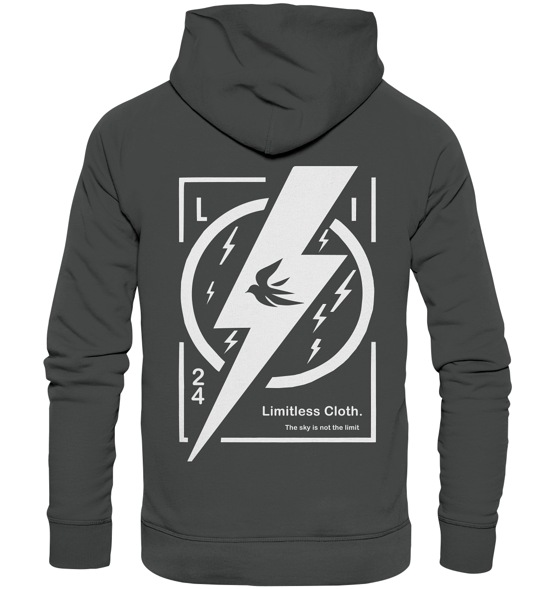 Lightning White Basic Hoodie featuring a bold lightning design and "Limitless Cloth" slogan on the back.