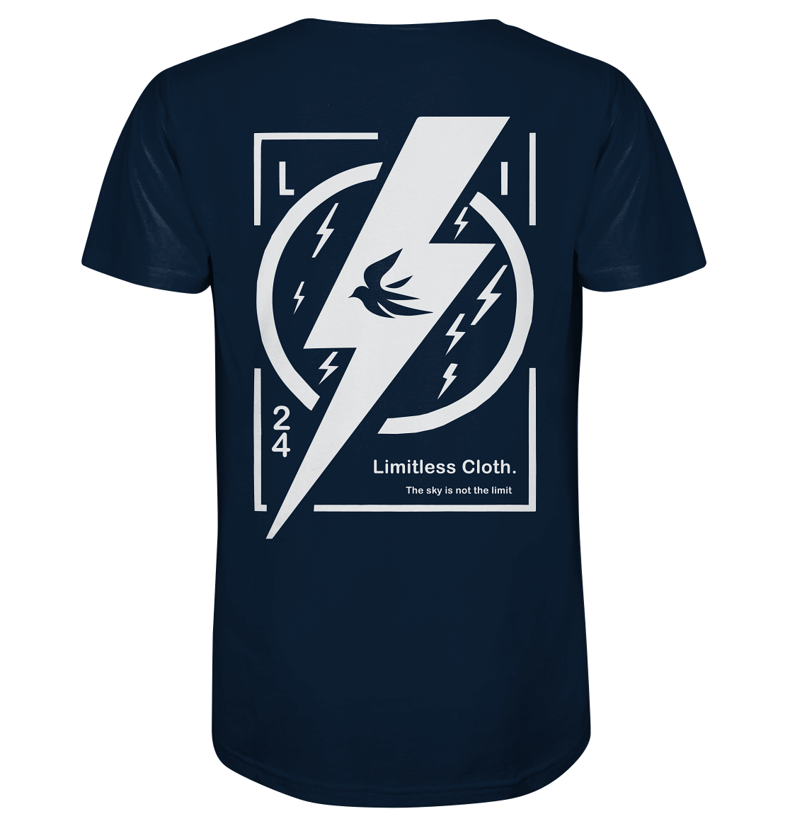 Navy t-shirt with lightning design and 'Limitless Cloth' slogan on the back, featuring a bird and dynamic graphics.