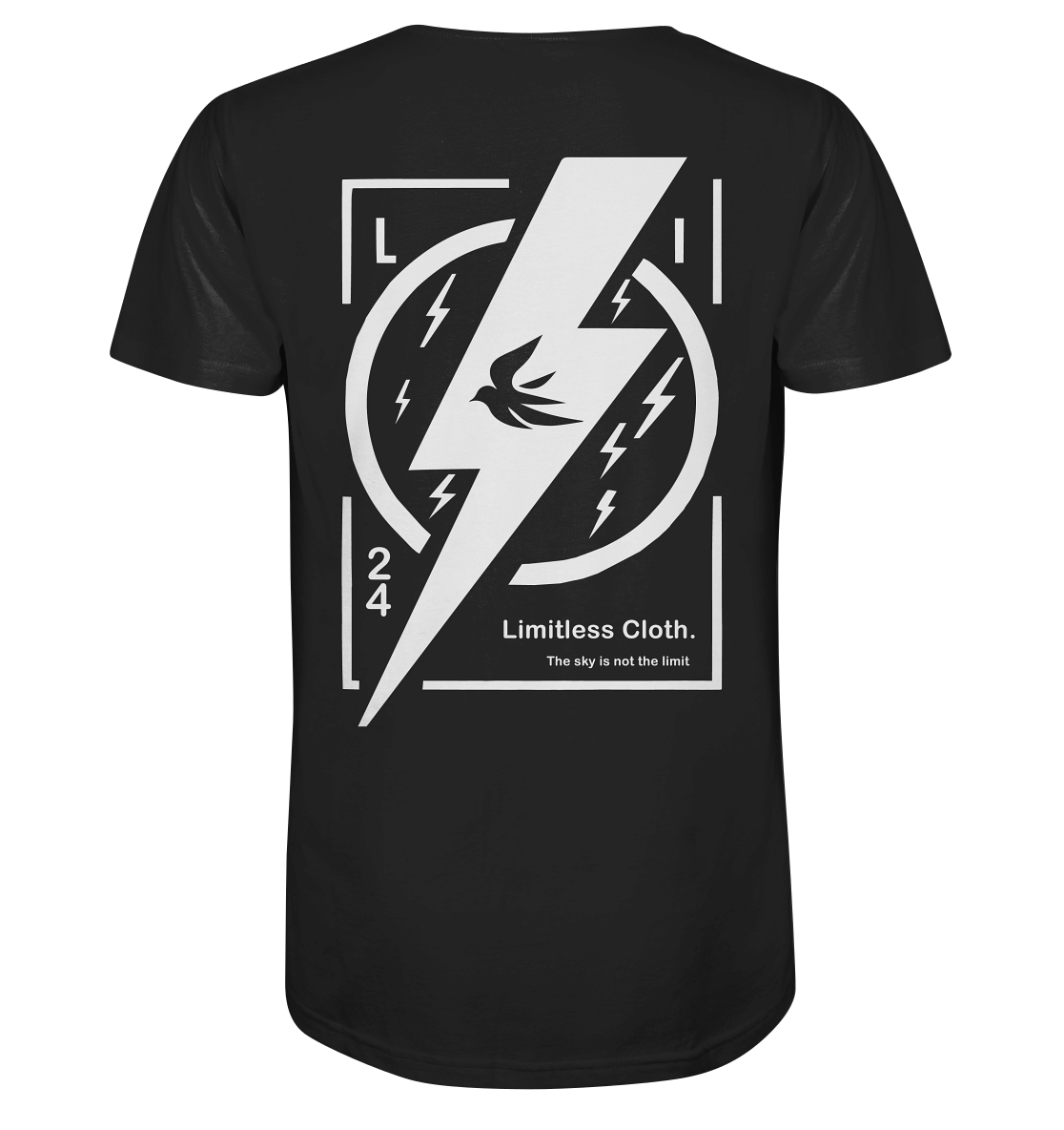 Black shirt featuring a lightning bolt design with "Limitless Cloth" text on the back. Ideal for stylish, casual wear.