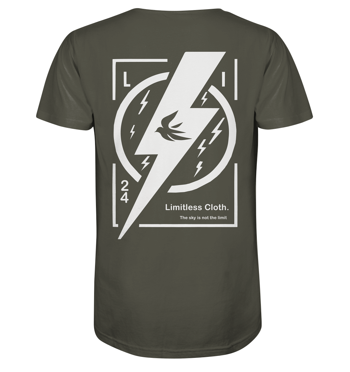 Back view of a green Limitless Cloth t-shirt featuring a lightning design and motivational text.