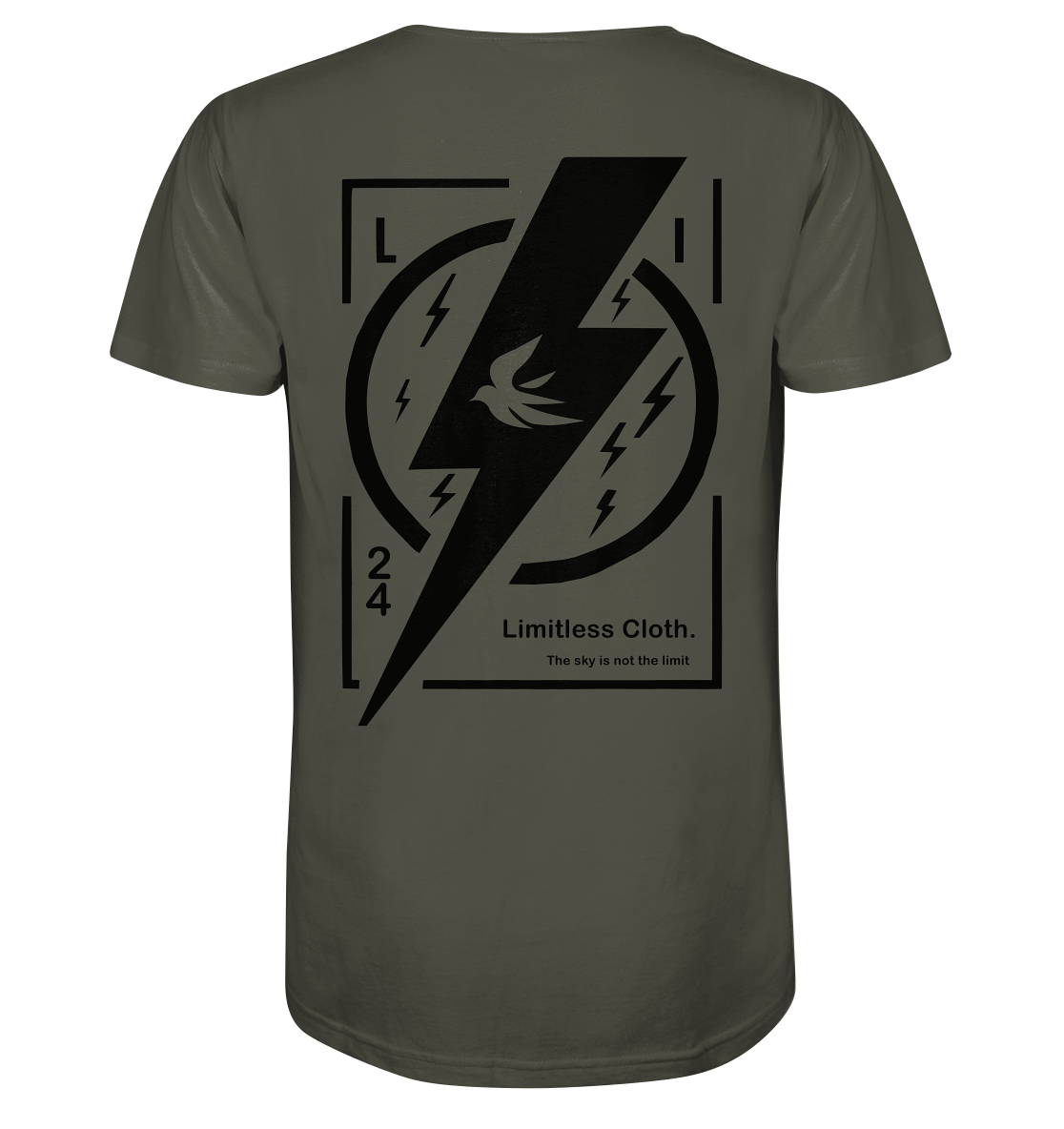 Back view of Lightning Basic Shirt featuring a bold lightning design and "Limitless Cloth" text in stylish graphics.