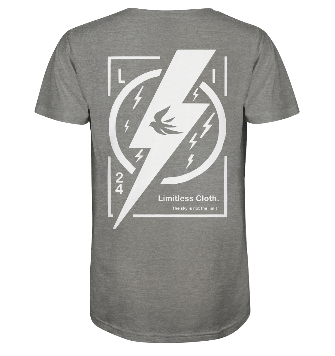 Back view of a gray Limitless Cloth t-shirt featuring a lightning bolt and bird design, inspiring limitless creativity.