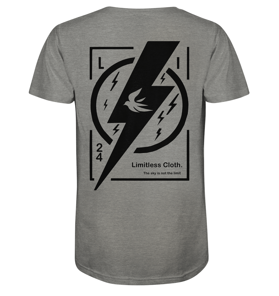 Grey basic shirt featuring a lightning bolt design and "Limitless Cloth" graphic on the back.