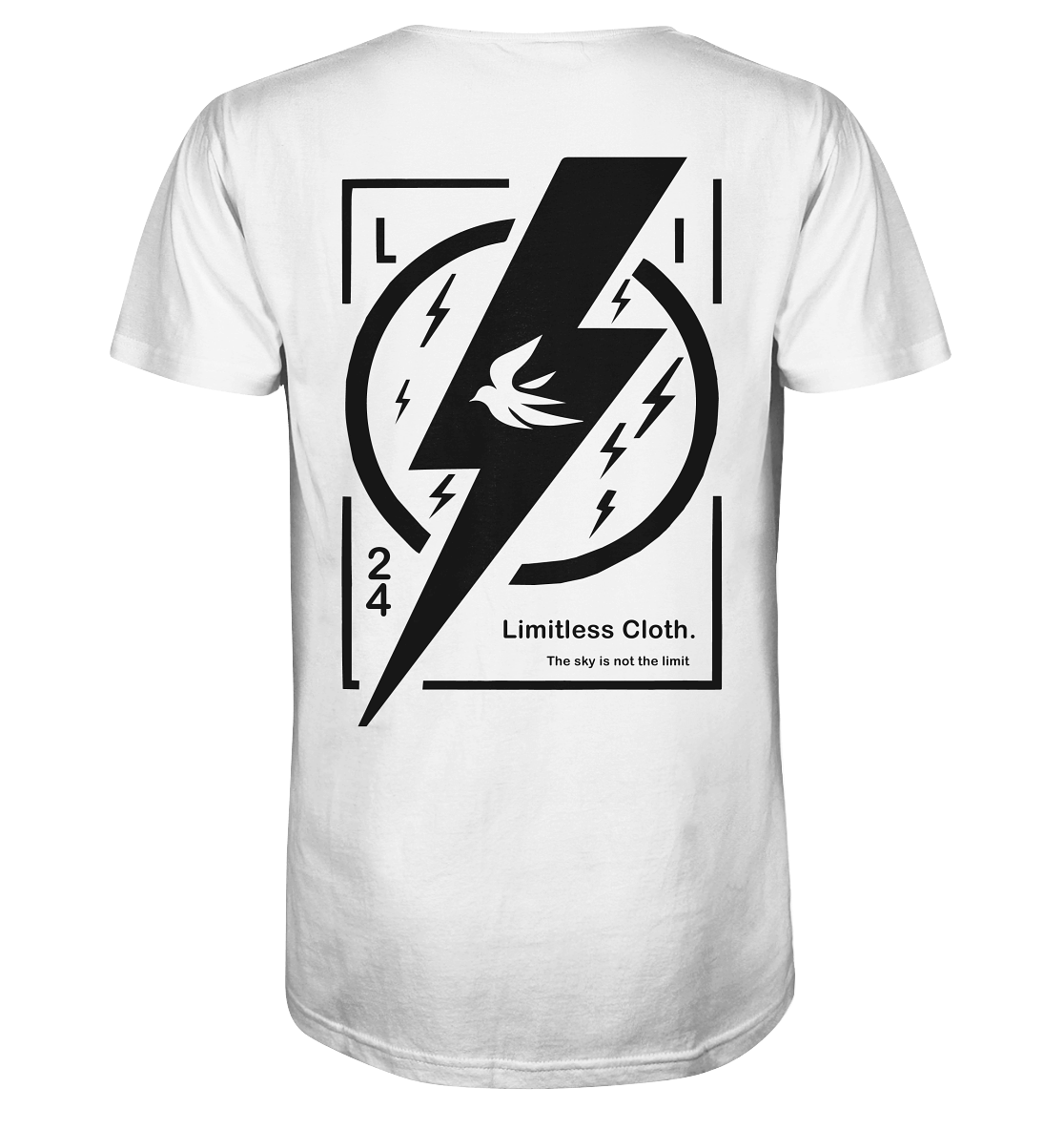 Back view of a white shirt featuring a lightning bolt graphic and "Limitless Cloth" slogan.