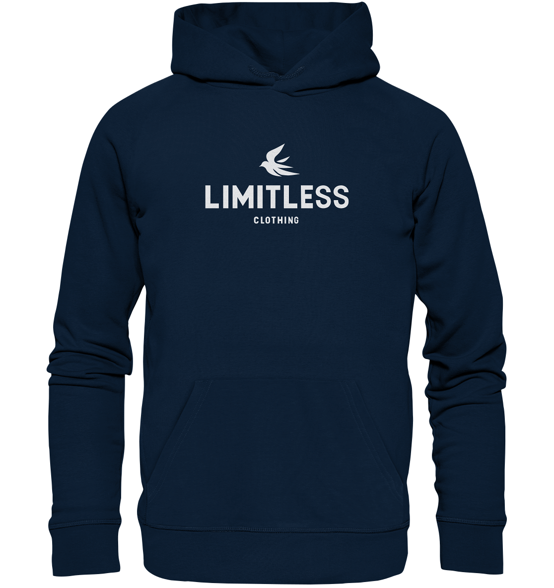 Limitless Clothing navy hoodie featuring a front pocket and logo, ideal for casual wear and comfort.