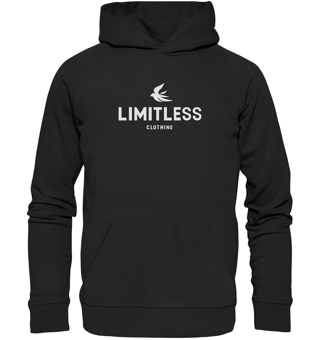 Black hoodie with "LIMITLESS CLOTHING" logo and bird graphic, featuring a front pocket and drawstring hood.