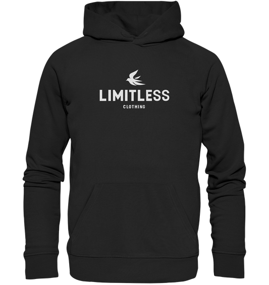 Black hoodie with "LIMITLESS CLOTHING" logo and bird graphic, featuring a front pocket and drawstring hood.