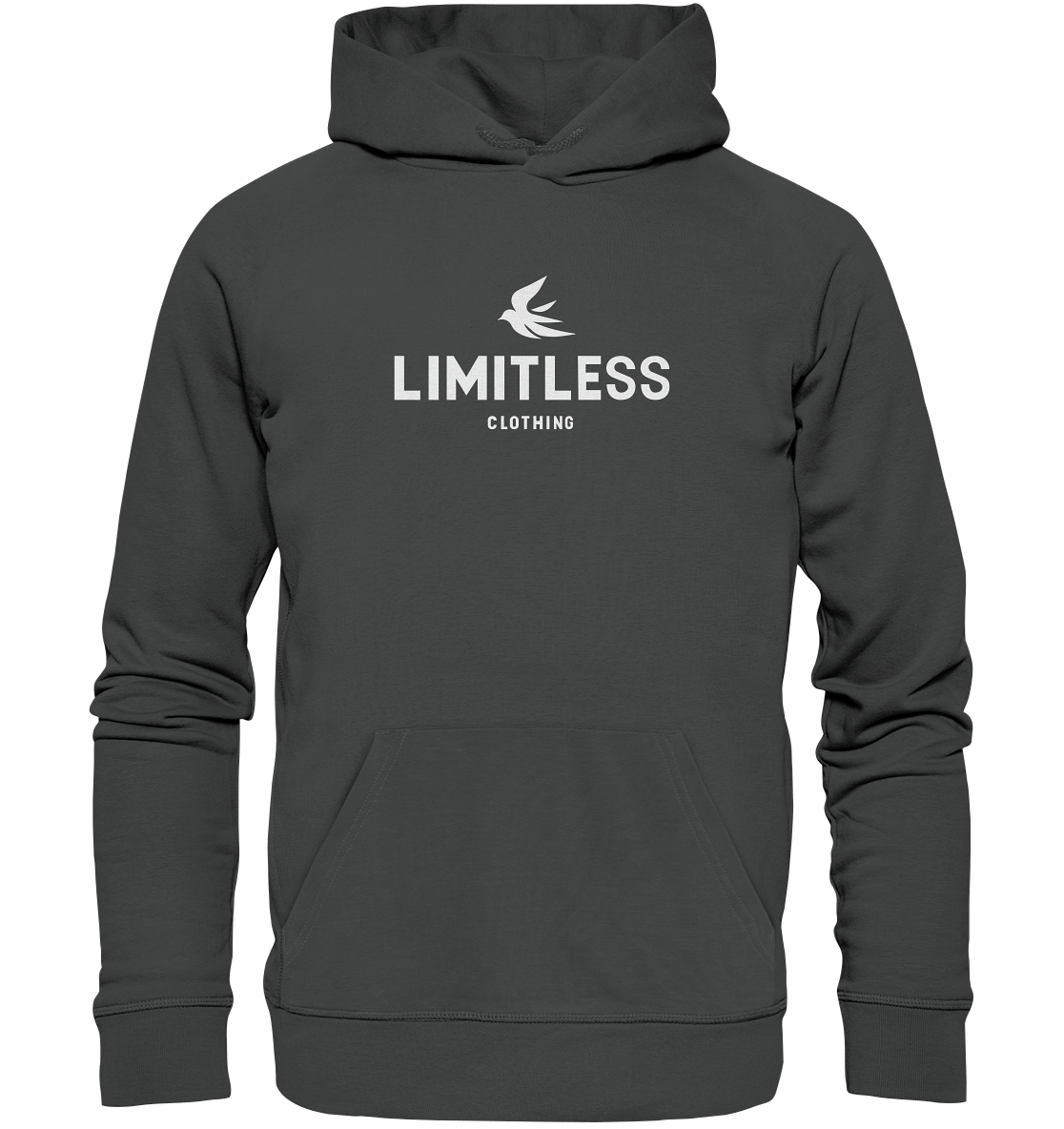 Limitless Clothing hoodie in dark gray with front pocket and logo design, perfect for casual wear and comfort.