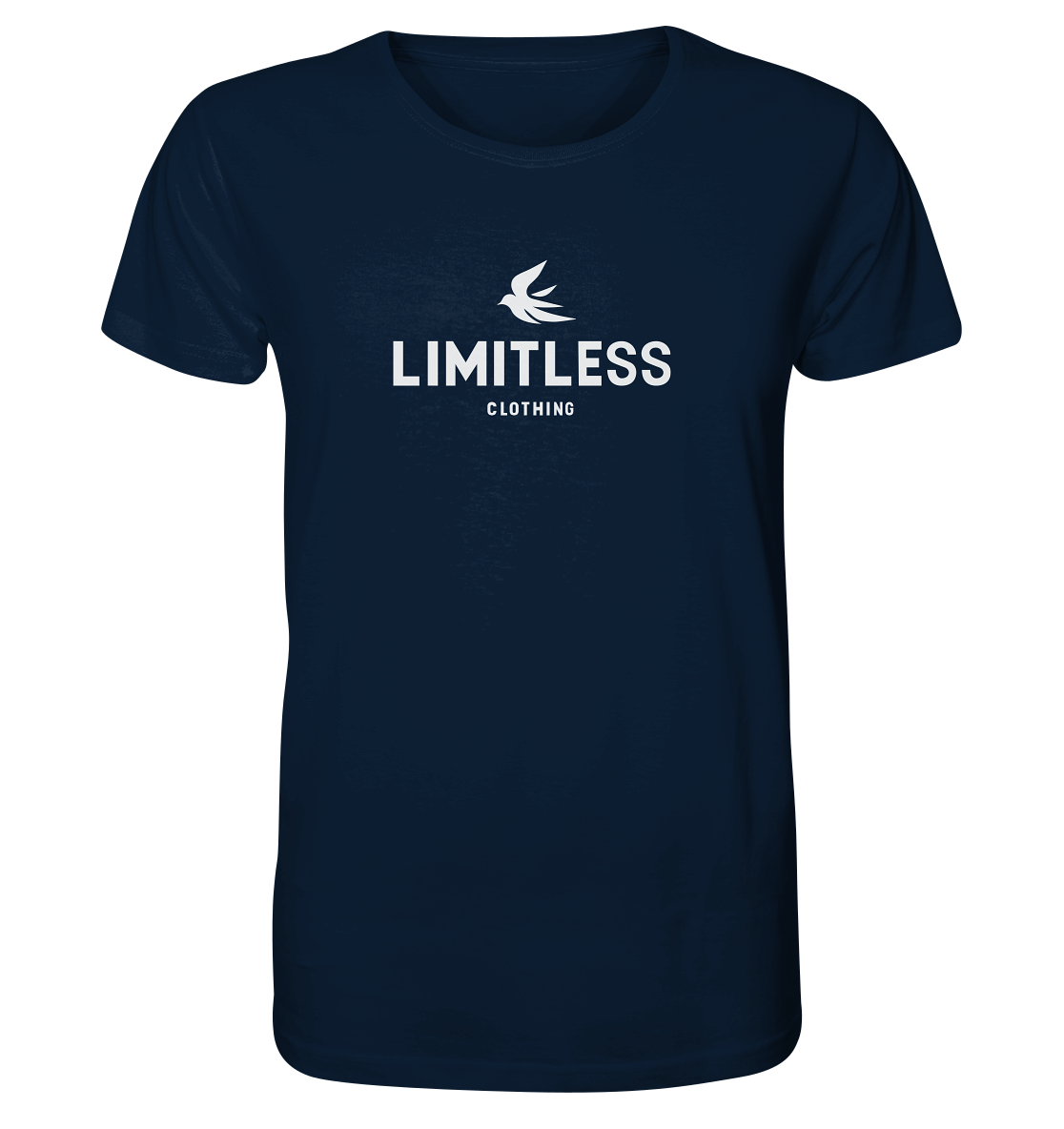 Navy blue LIMITLESS Clothing t-shirt featuring a minimalistic logo design, perfect for casual wear and everyday comfort.