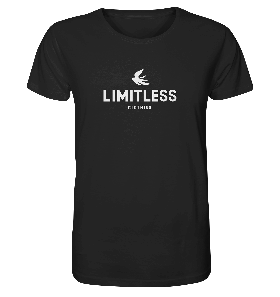 Black basic shirt with "LIMITLESS" logo, crafted from organic cotton for ultimate comfort and style.