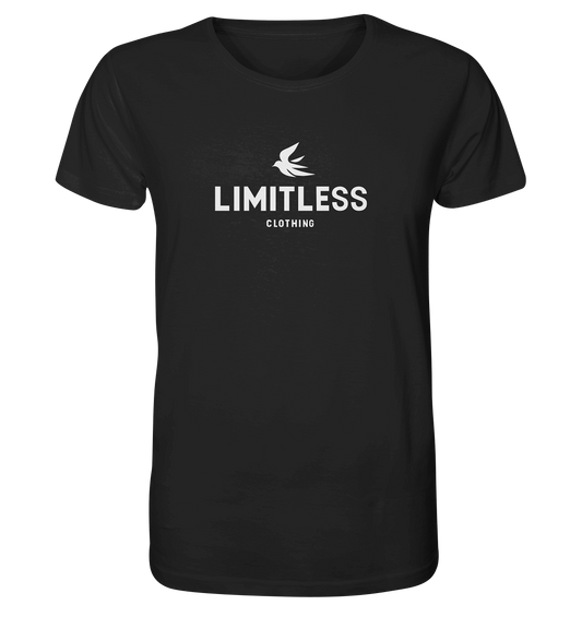 Black basic shirt with "LIMITLESS" logo, crafted from organic cotton for ultimate comfort and style.