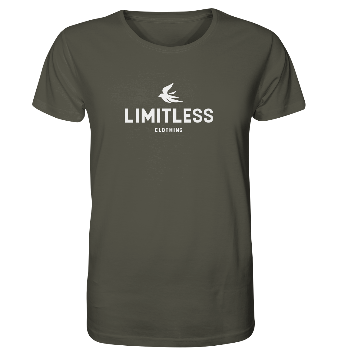 Limited edition olive green t-shirt with "LIMITLESS" logo and bird design for casual fashion.