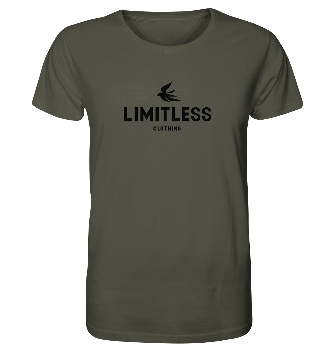 Limitless Clothing olive green basic shirt featuring simple logo design, perfect for casual wear.