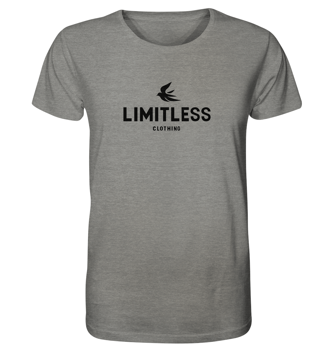 Limitless Clothing grey t-shirt with black logo, made from 100% organic cotton, featuring a regular fit design.