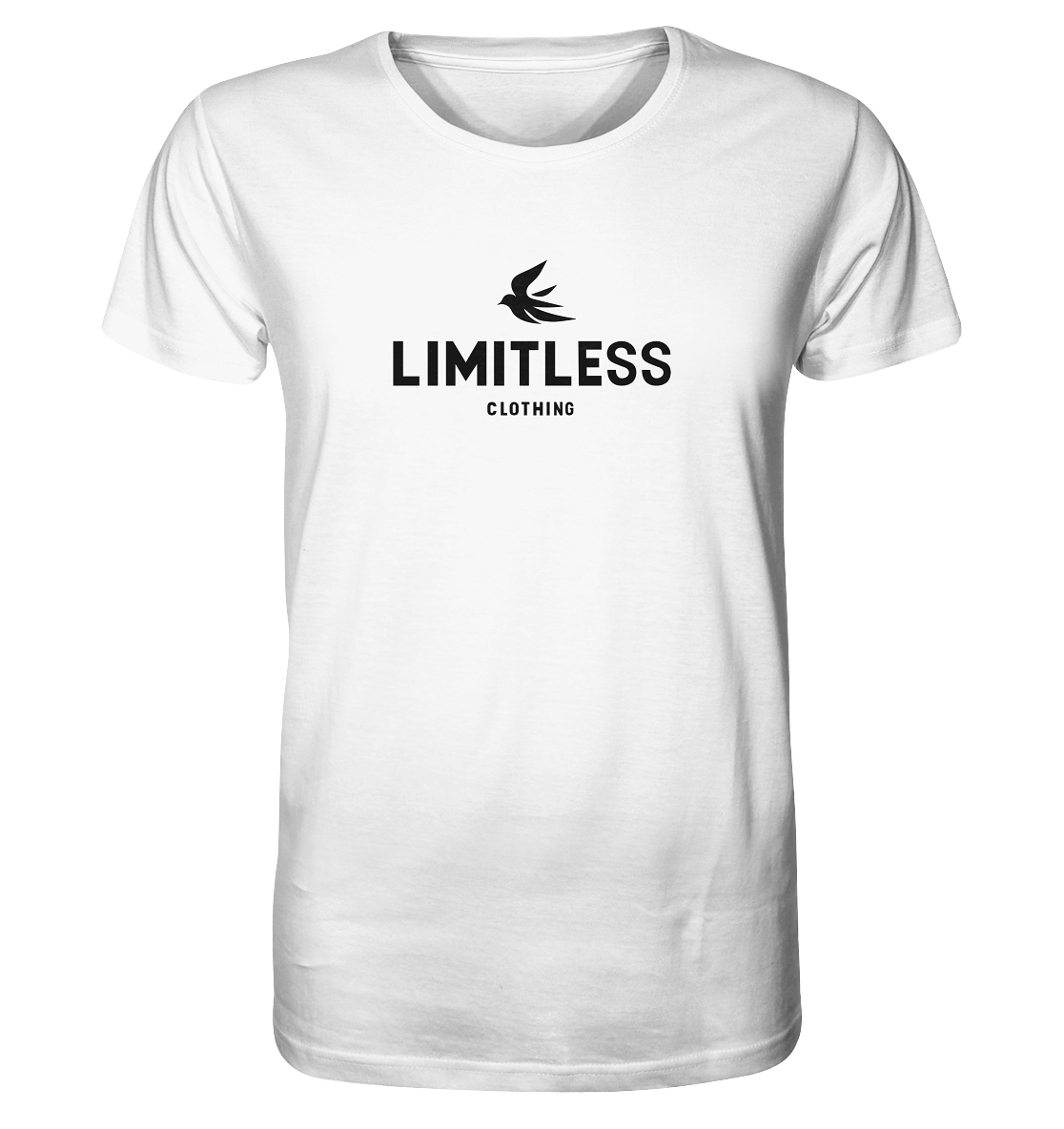 White Limitless Clothing shirt featuring a minimalist design and logo, perfect for casual wear.