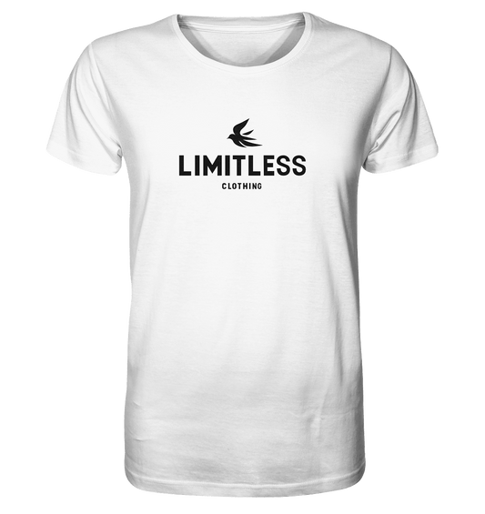 White Limitless Clothing shirt featuring a minimalist design and logo, perfect for casual wear.